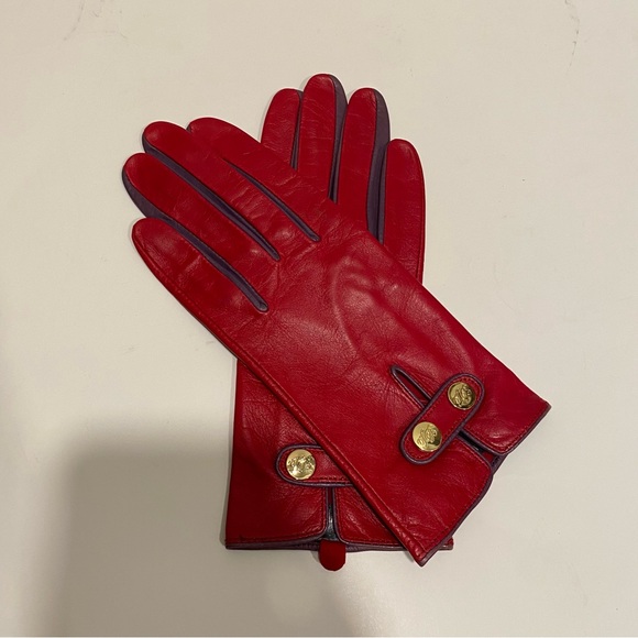TED BAKER LONDON Red/Purple Gold Button Chupa Leather Gloves Size S/M Holiday - Picture 3 of 16
